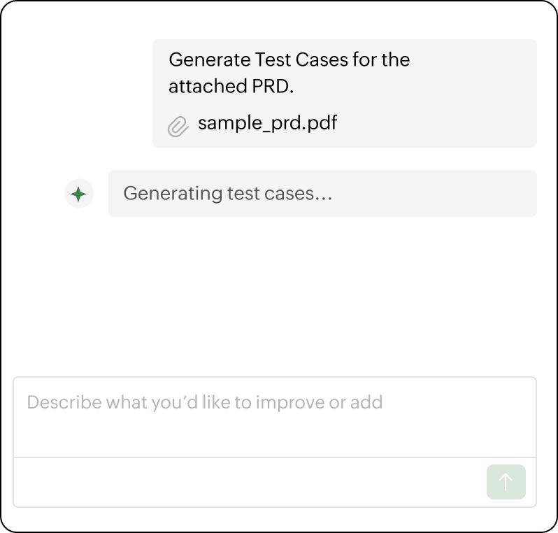 Upload product requirements to generate test cases in Zoho QEngine Zoho QEngine PRD upload interface for generating manual and automated test case scripts