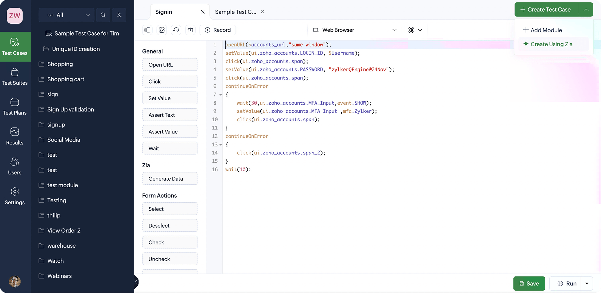 AI test case generation for web, mobile, and API in Zoho QEngine Zoho QEngine generating test cases for web, mobile, and API with agentic AI
