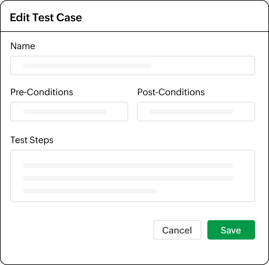 Create, edit, and refine AI test cases in real time Edit Test Case panel with Name, Pre-Conditions, Post-Conditions, and Test Steps fields