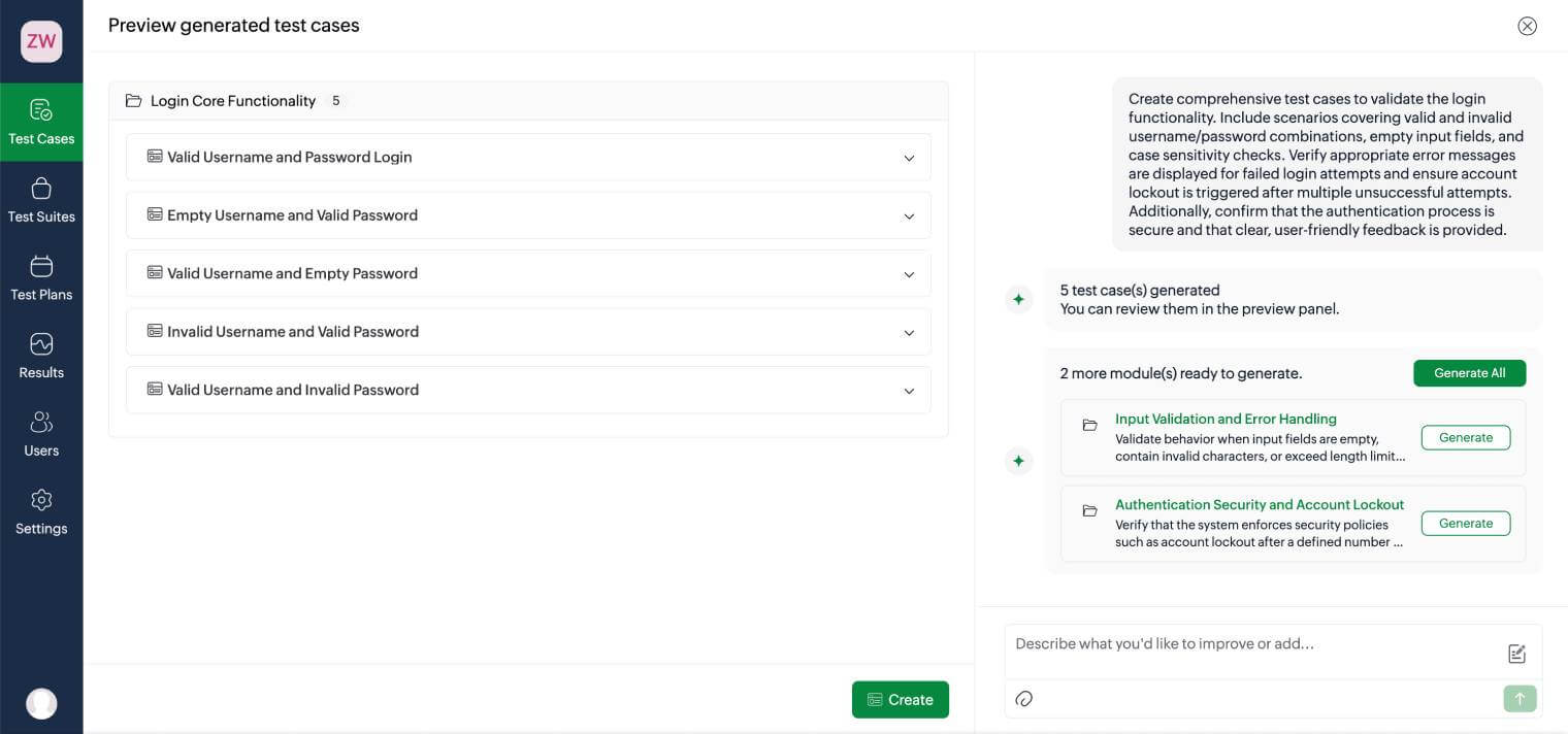 AI generating manual test cases for login functionality from a prompt in Zoho QEngine