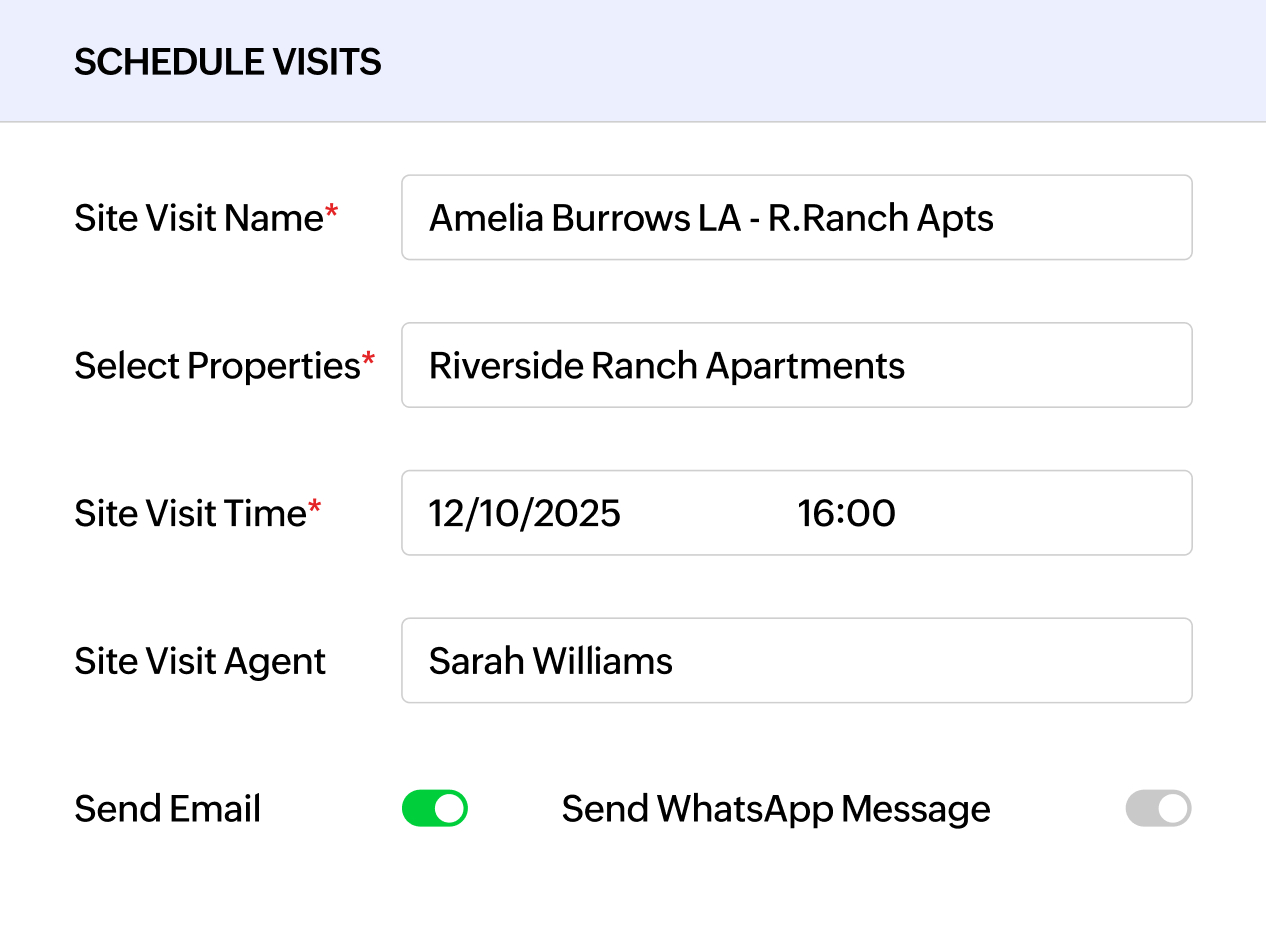 Site visit scheduling calendar with agent assignment and feedback tracking