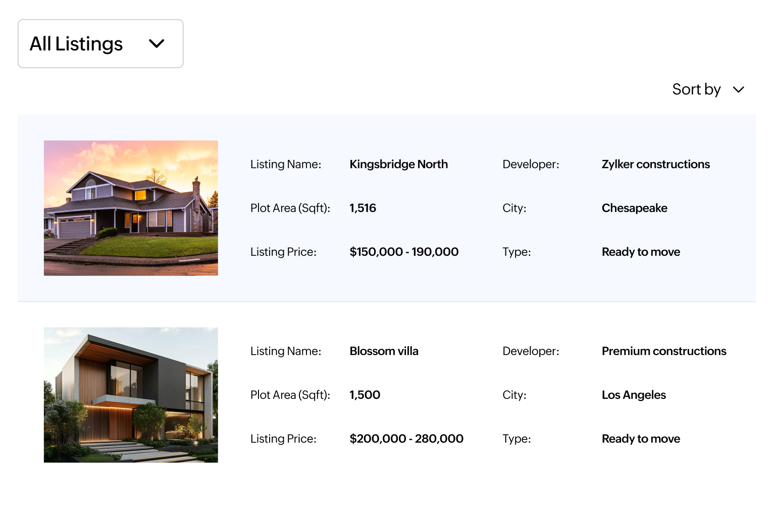 Property inventory management interface with listing status and availability tracking