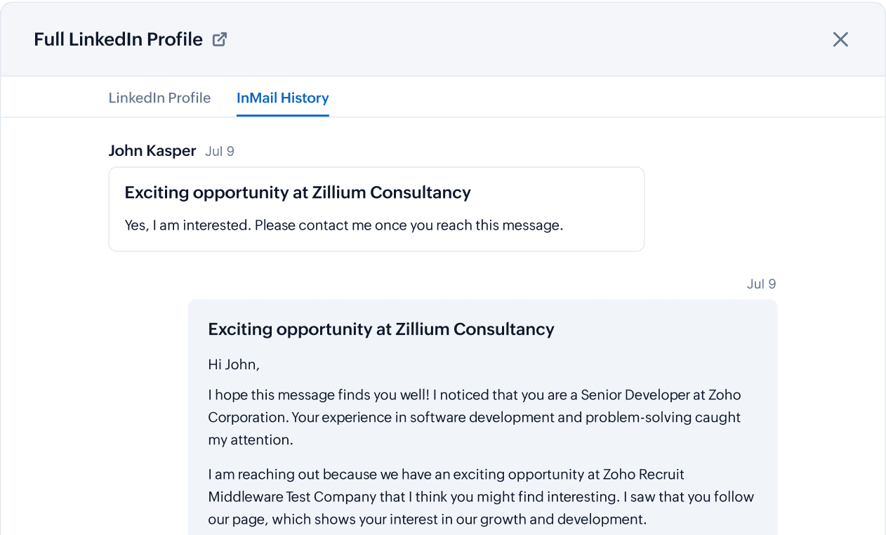 zoho recruit linkedin rsc inmail sync