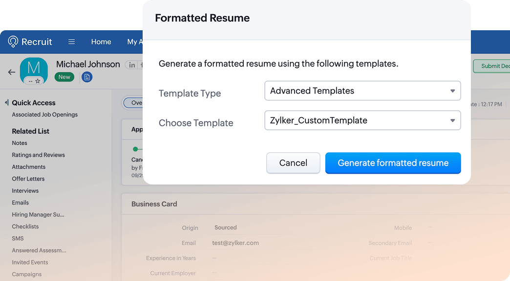 Send formatted resumes to clients without disclosing candidate personal information in Zoho Recruit.