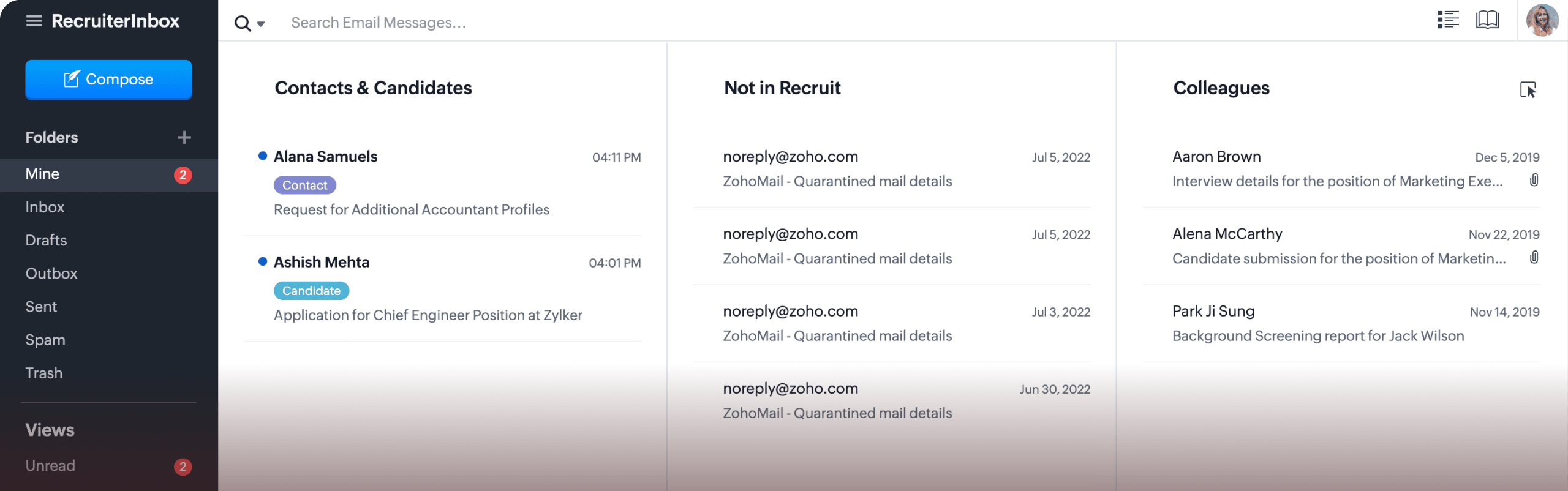 RecruiterInbox interface