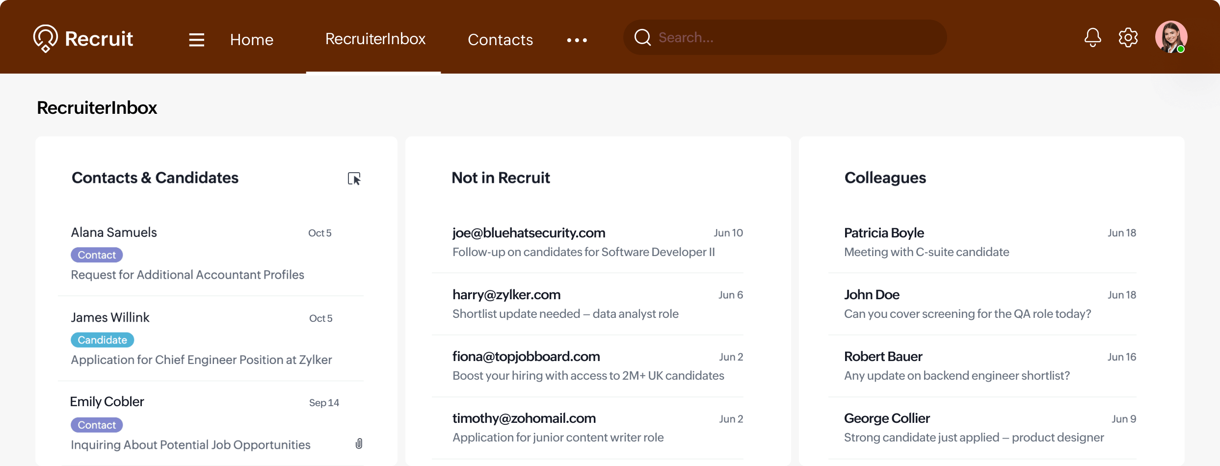 RecruiterInbox organizes emails into candidates, contacts, colleagues, and new candidates in Zoho Recruit
