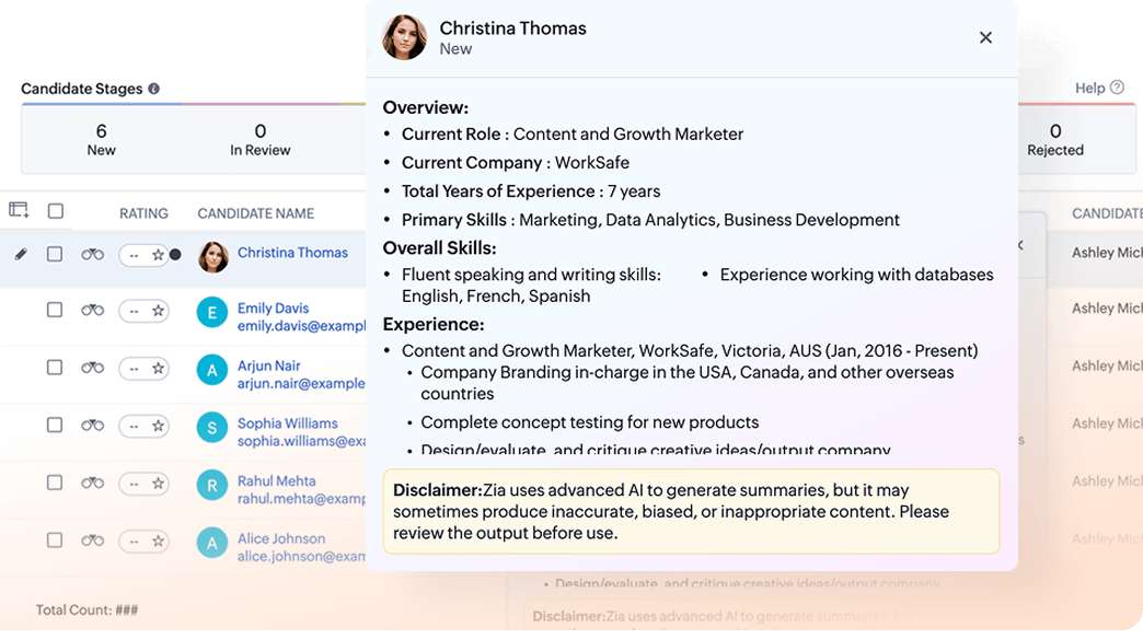 Zia generates candidate profile summaries in multiple languages inside Zoho Recruit.