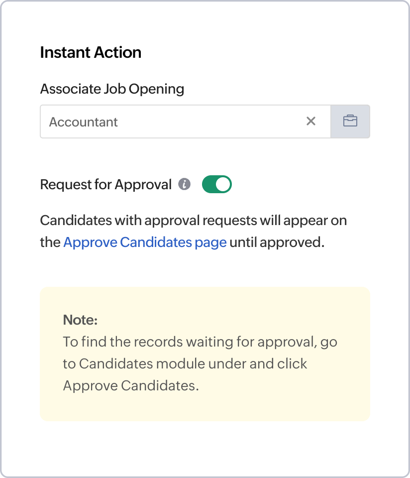 Screenshot of the candidate view and approval interface in Zoho Recruit's resume harvester
