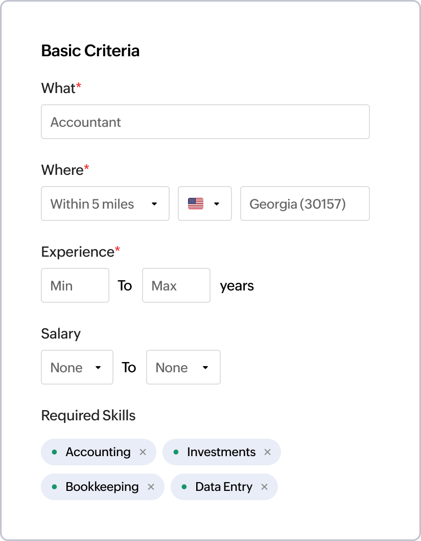 Screenshot of the automated candidate search bar and filter options in Zoho Recruit's resume harvester