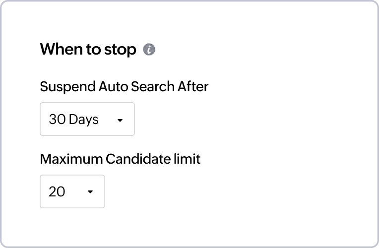 Screenshot of the time and candidate limit interface for candidate search in Zoho Recruit's resume harvester