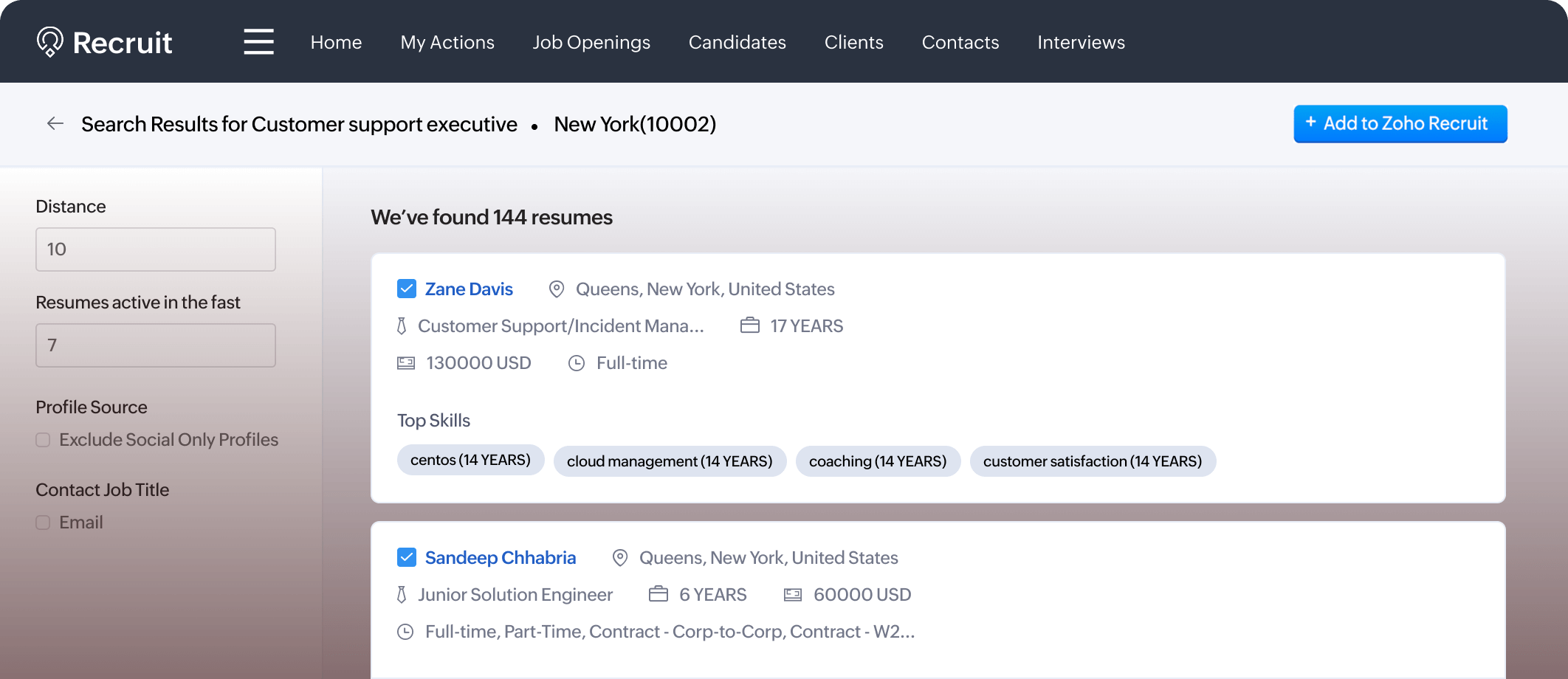 Screenshot of the search results for Customer support executive in Zoho Recruit's source booster