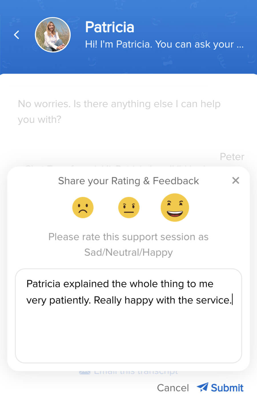 Automatically collect post-chat customer feedback and rating