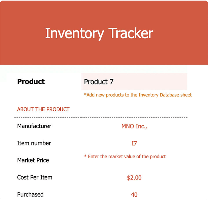 Screenshot of an inventory tracker spreadsheet template on Zoho Sheet