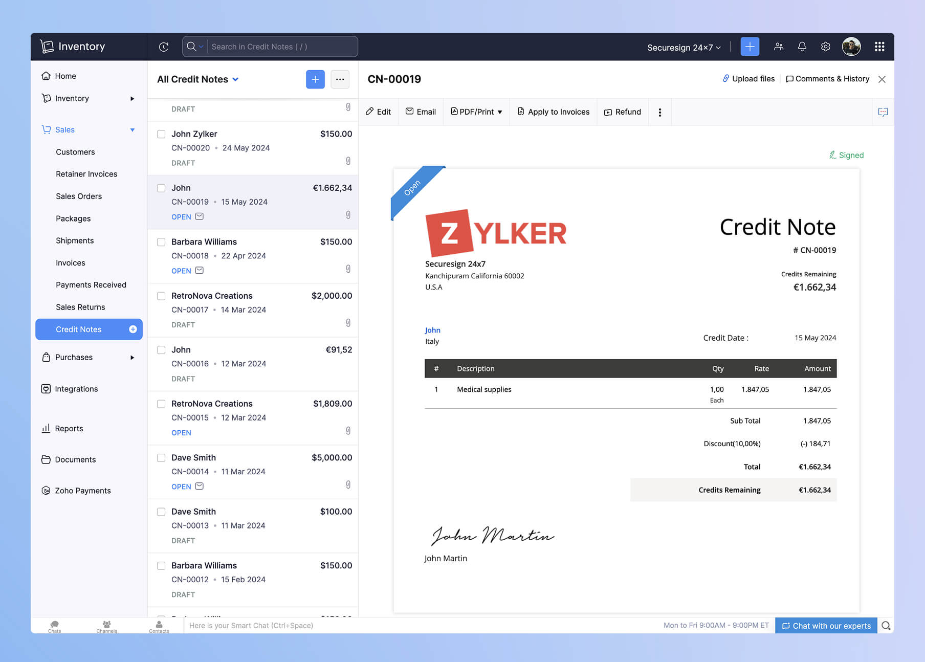 sign integrate with inventory