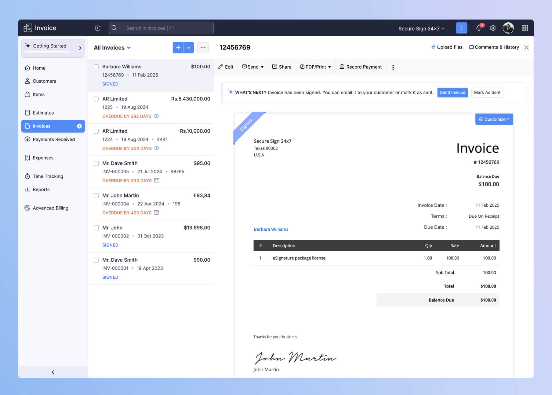 sign integrate with invoice
