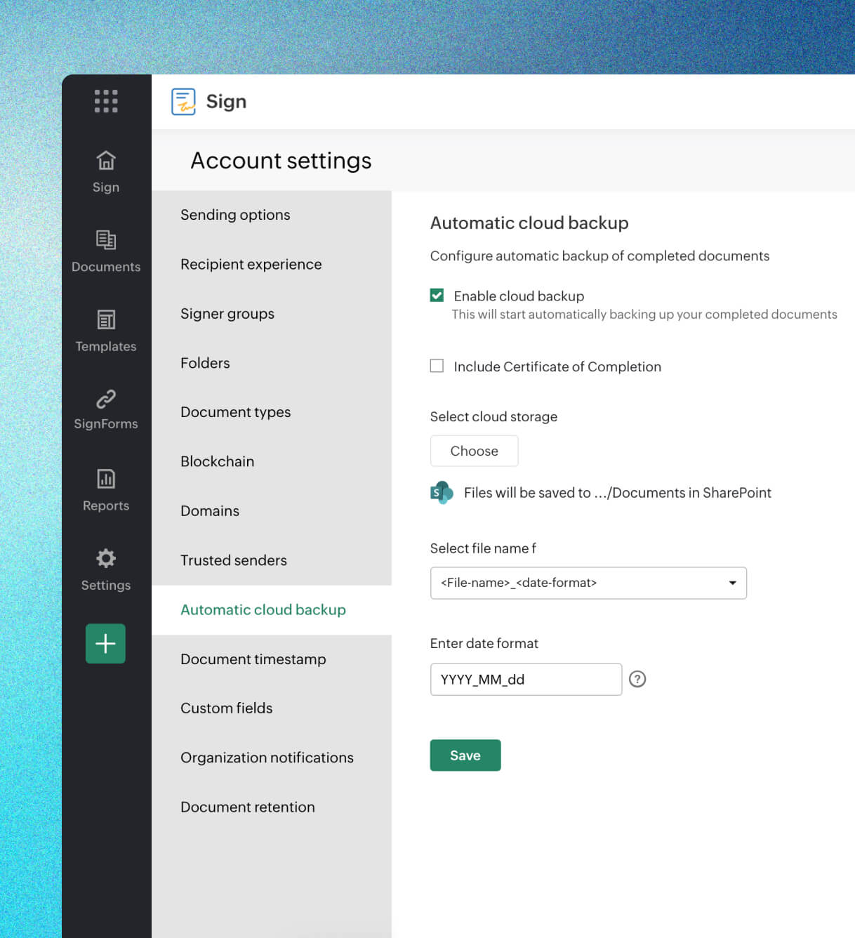 Configuring automatic cloud backup to SharePoint in Zoho Sign settings