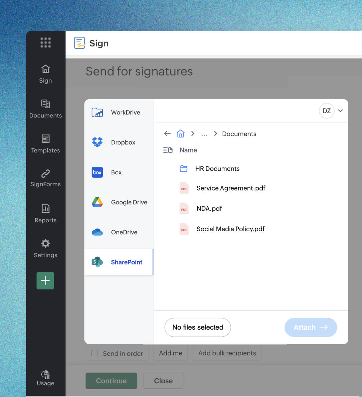 Importing a document from SharePoint within Zoho Sign