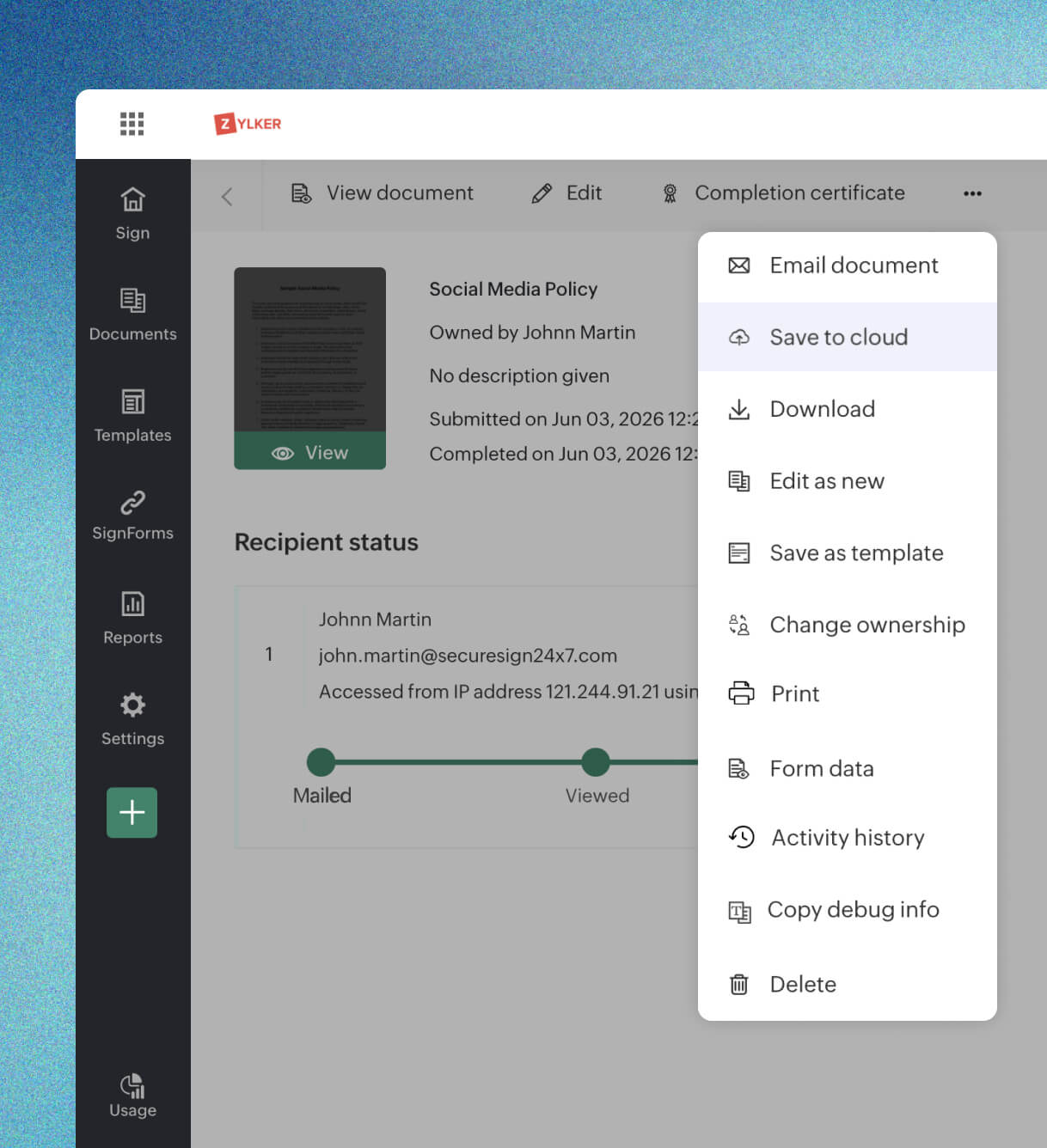 Manually saving a completed document to SharePoint from Zoho Sign