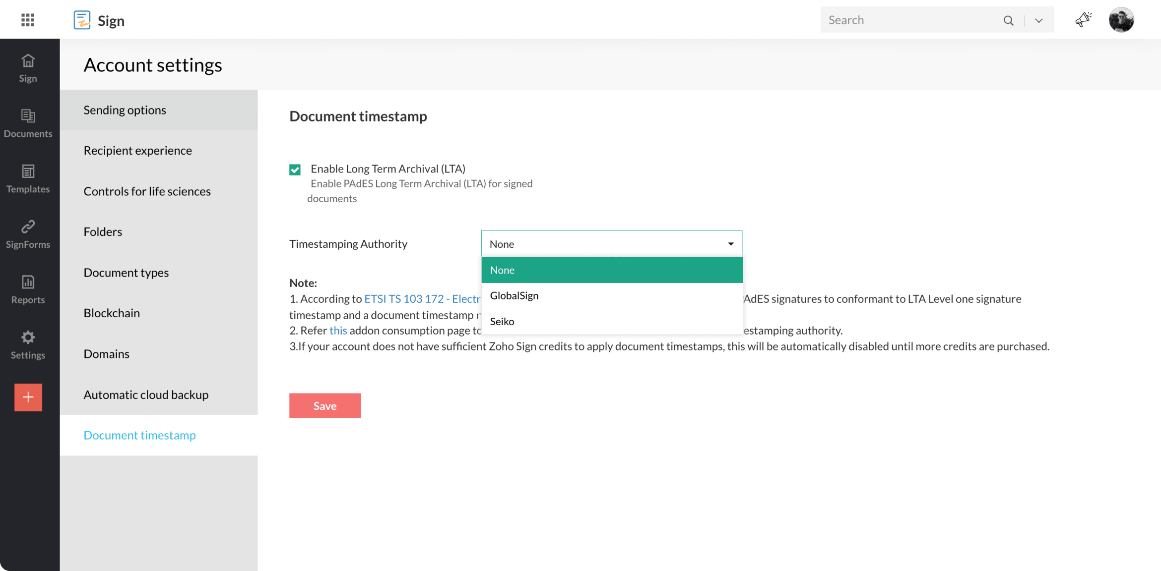 Enable LTA in your Zoho Sign with just three clicks