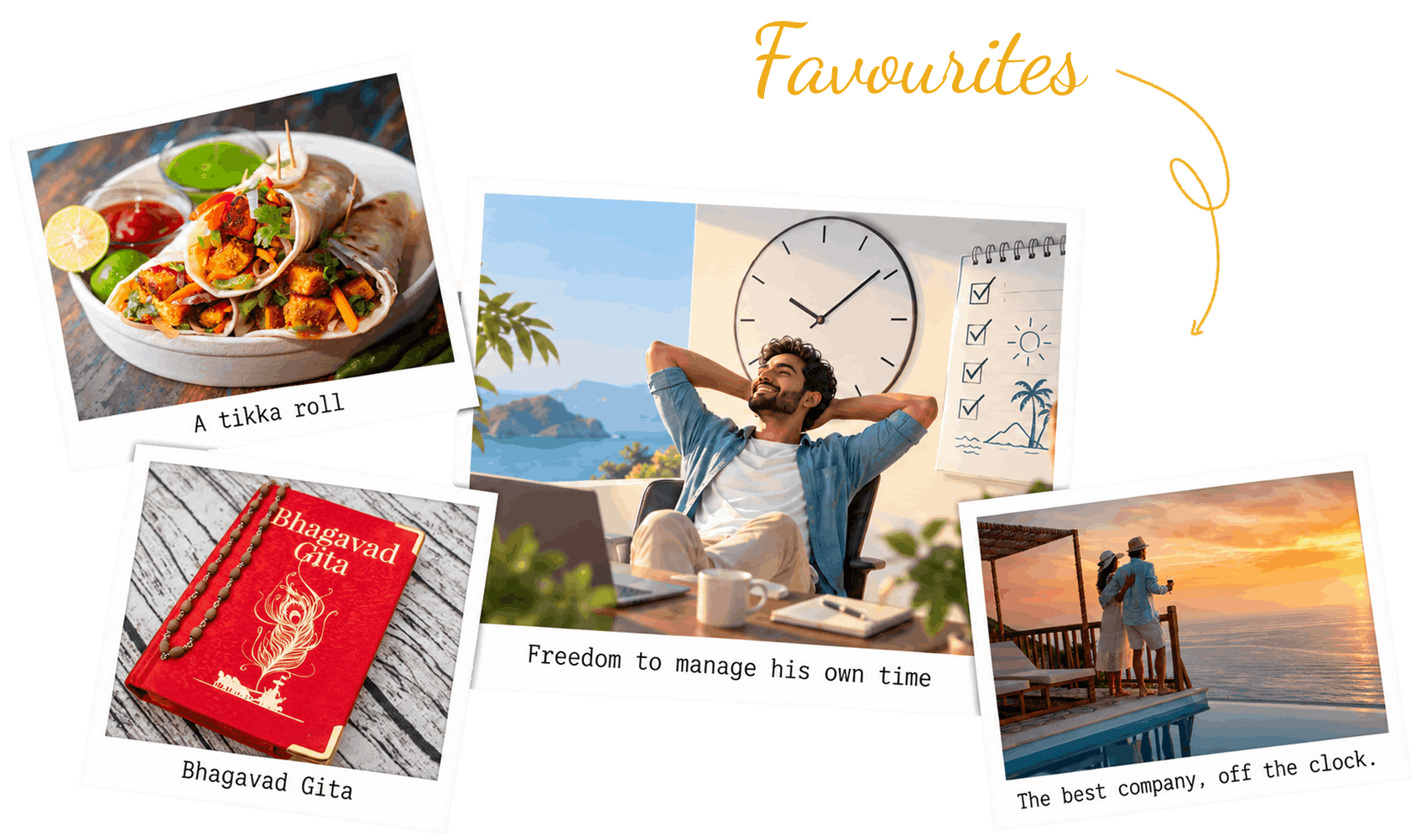 A collage of shivam's favourites - Bhagavad Gita, Tikka Roll, Manage his own time, and The best company, off the clock