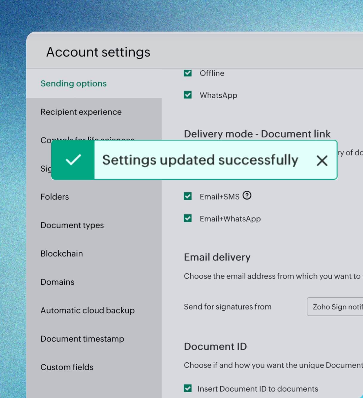 WhatsApp delivery mode settings in Zoho Sign