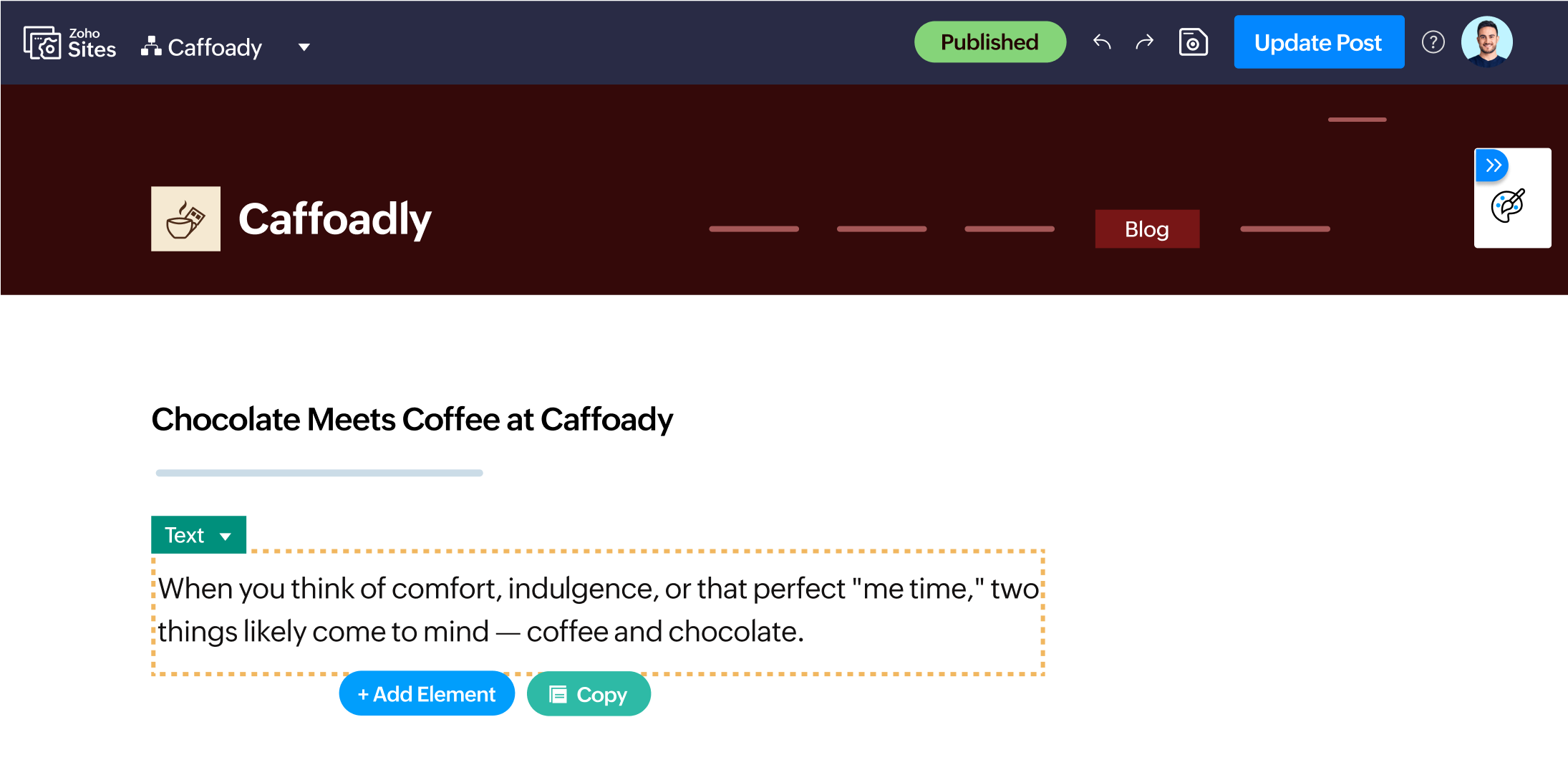 Go to your Zoho Sites dashboard, find the blog menu on the left, click the Add icon, and then select Blog Post.