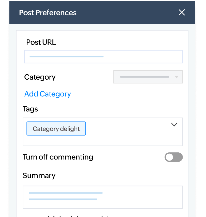 Go to your Zoho Sites dashboard, find the blog menu on the left, click the Add icon, and then select Blog Post.