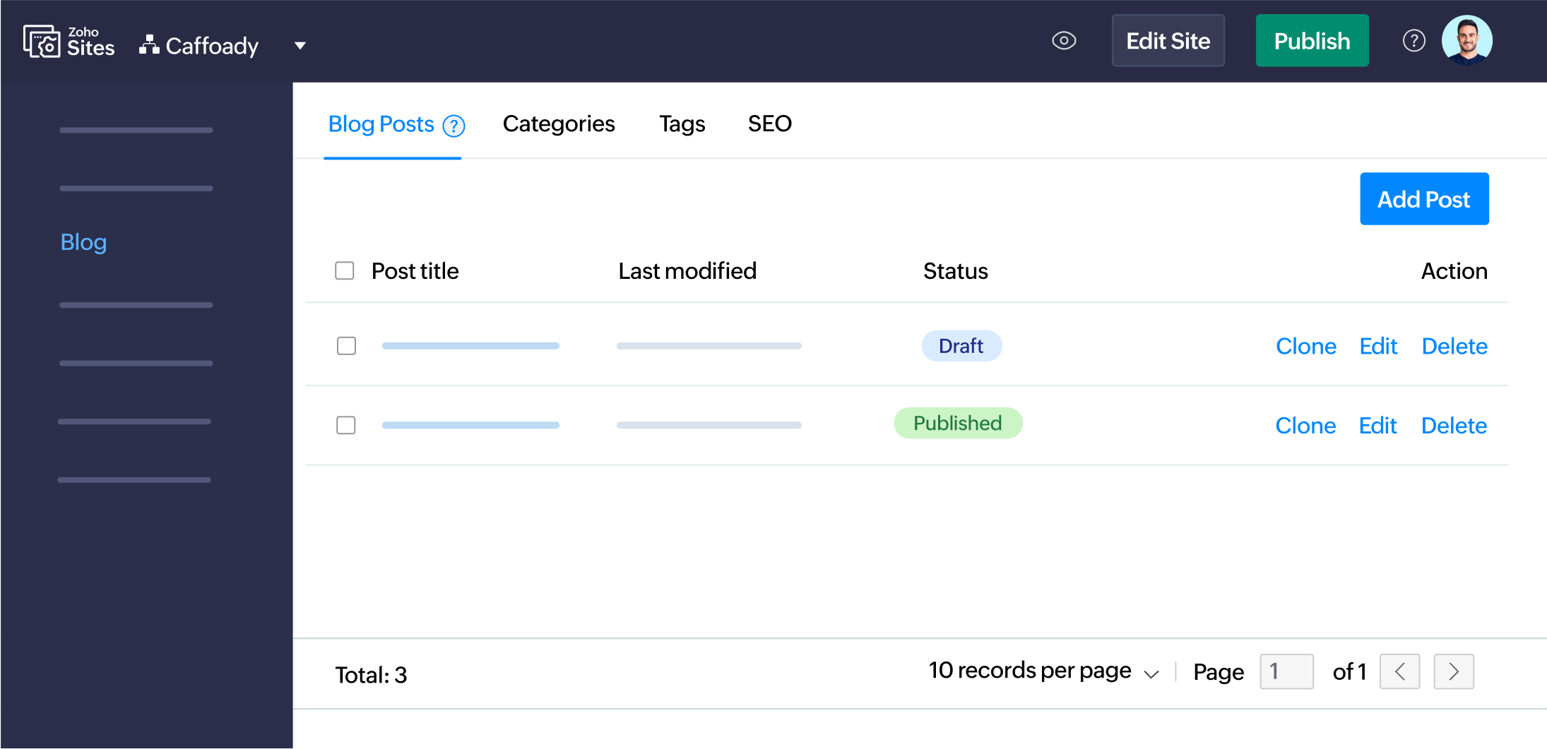 Go to your Zoho Sites dashboard, find the blog menu on the left, click the Add icon, and then select Blog Post.