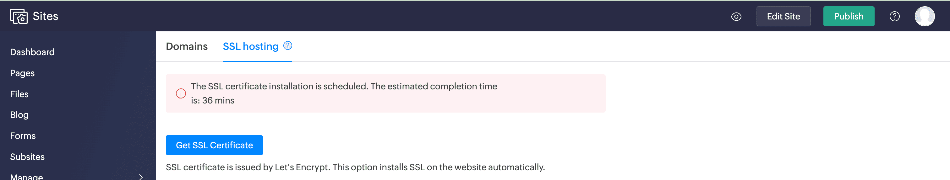 Zoho Sites CMS backend showing built-in SEO fields connected to the website