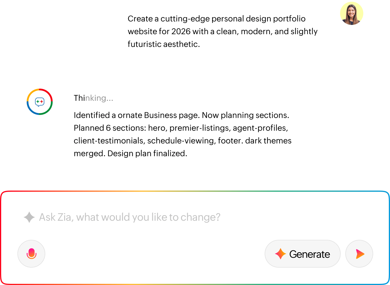 Zia AI chat generating a website from a prompt