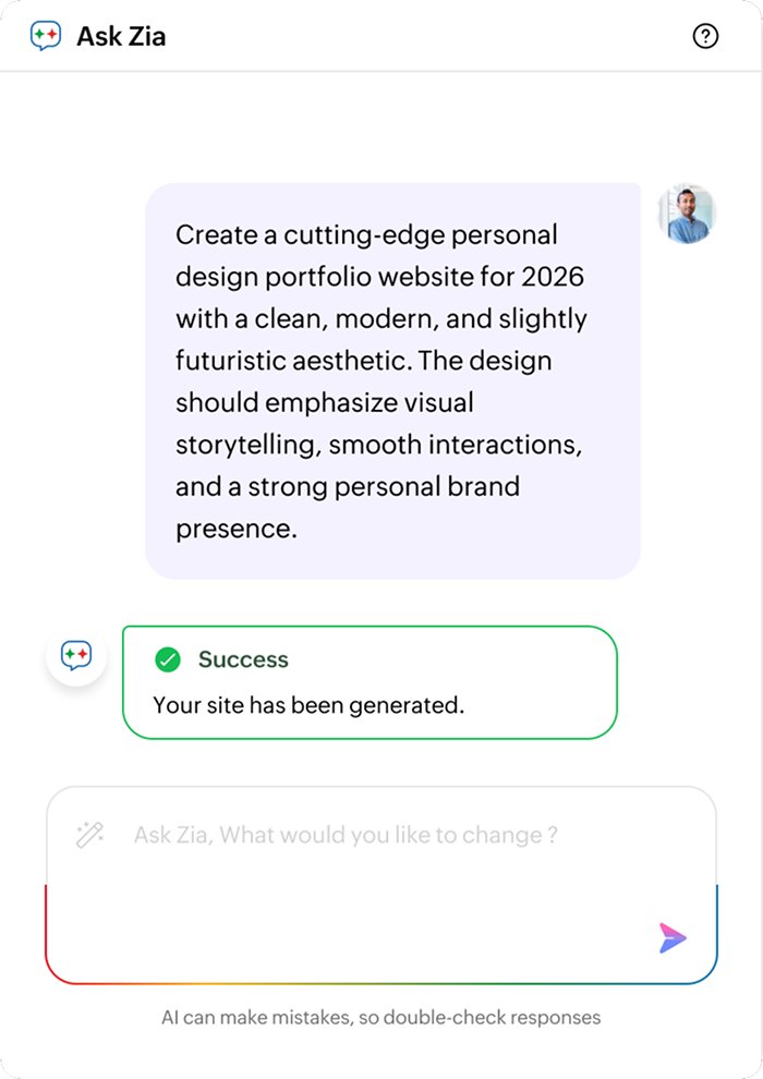 Ask Zia generating a website from a prompt