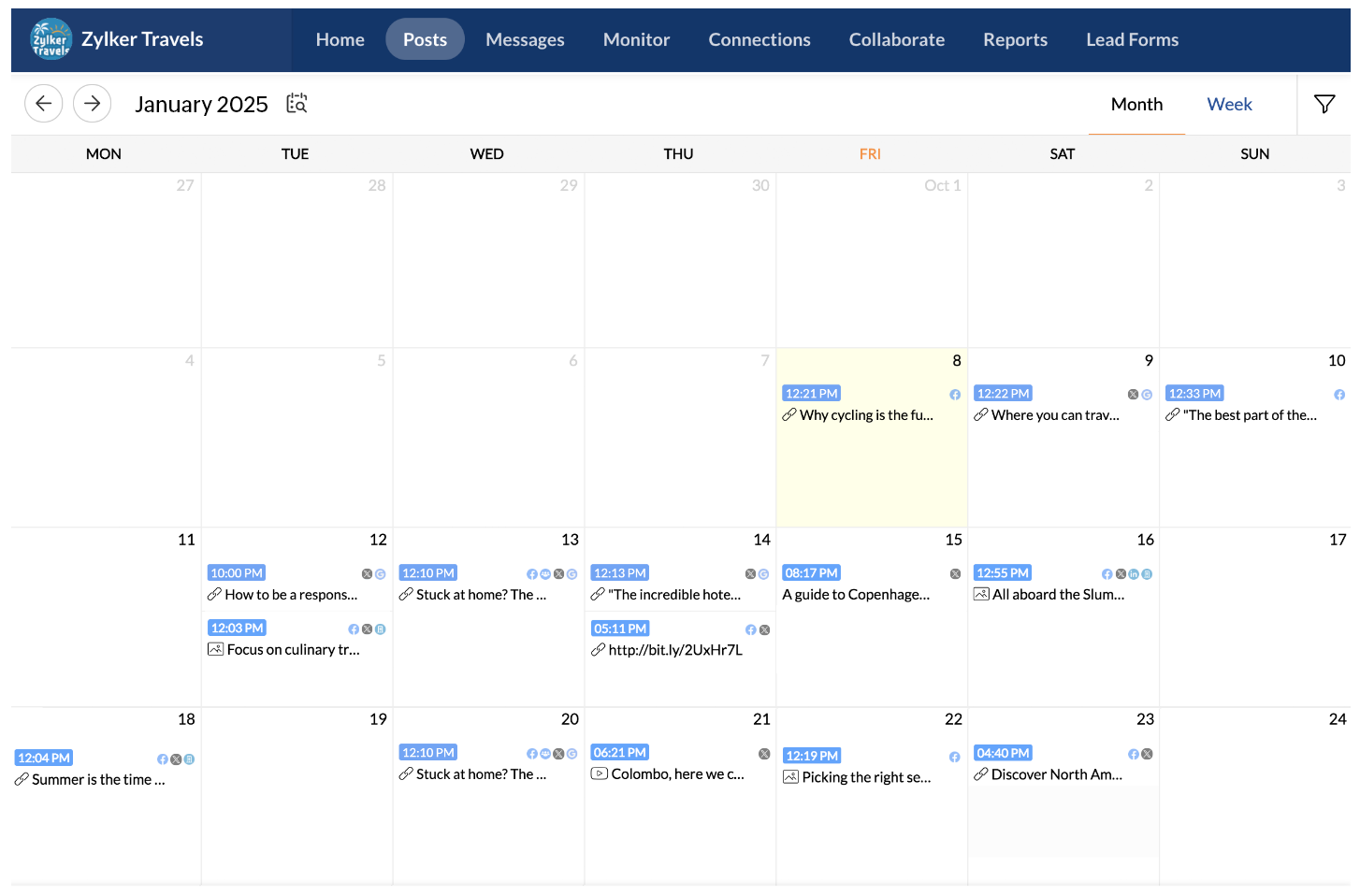 Painel de calendário de conteúdo