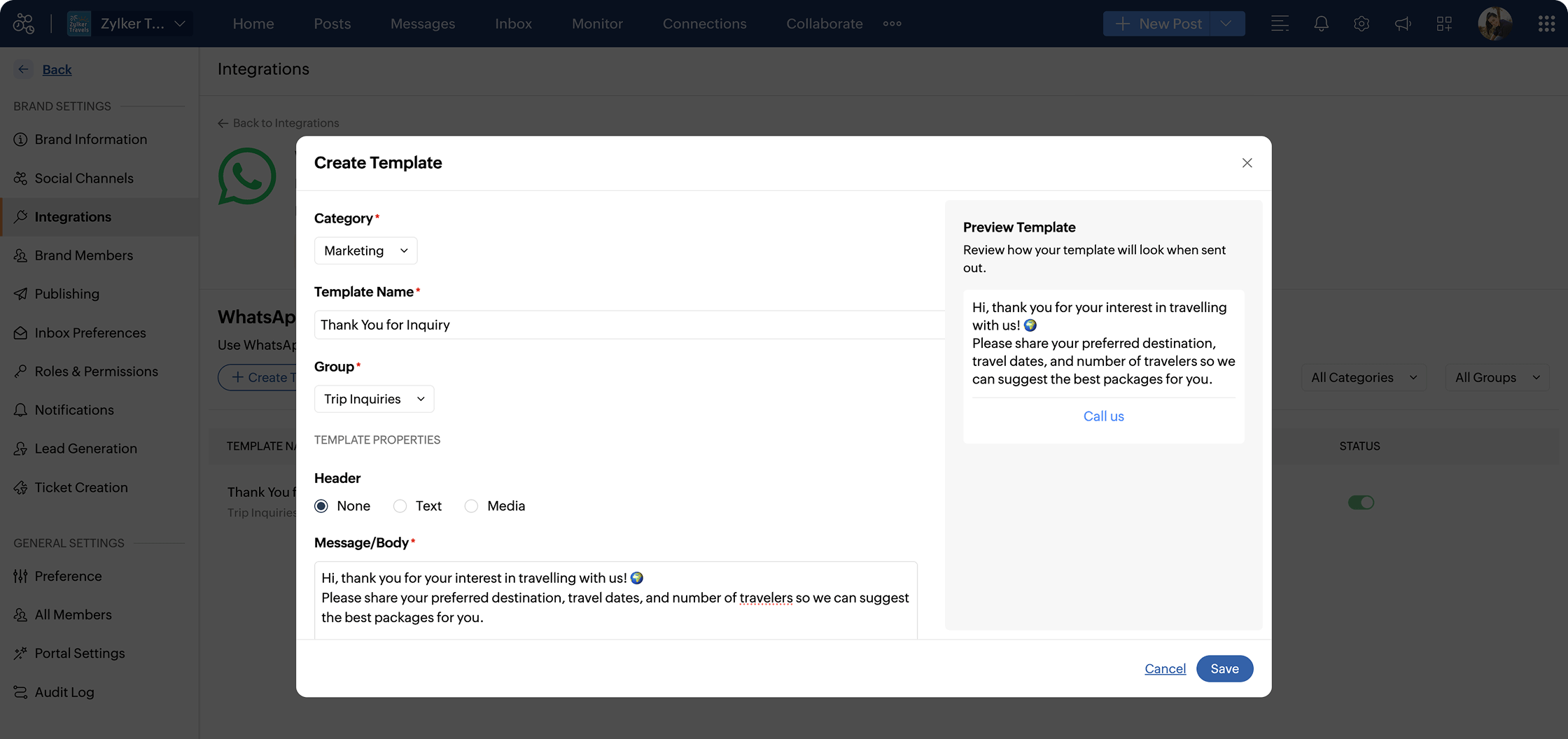 Template messaging interface