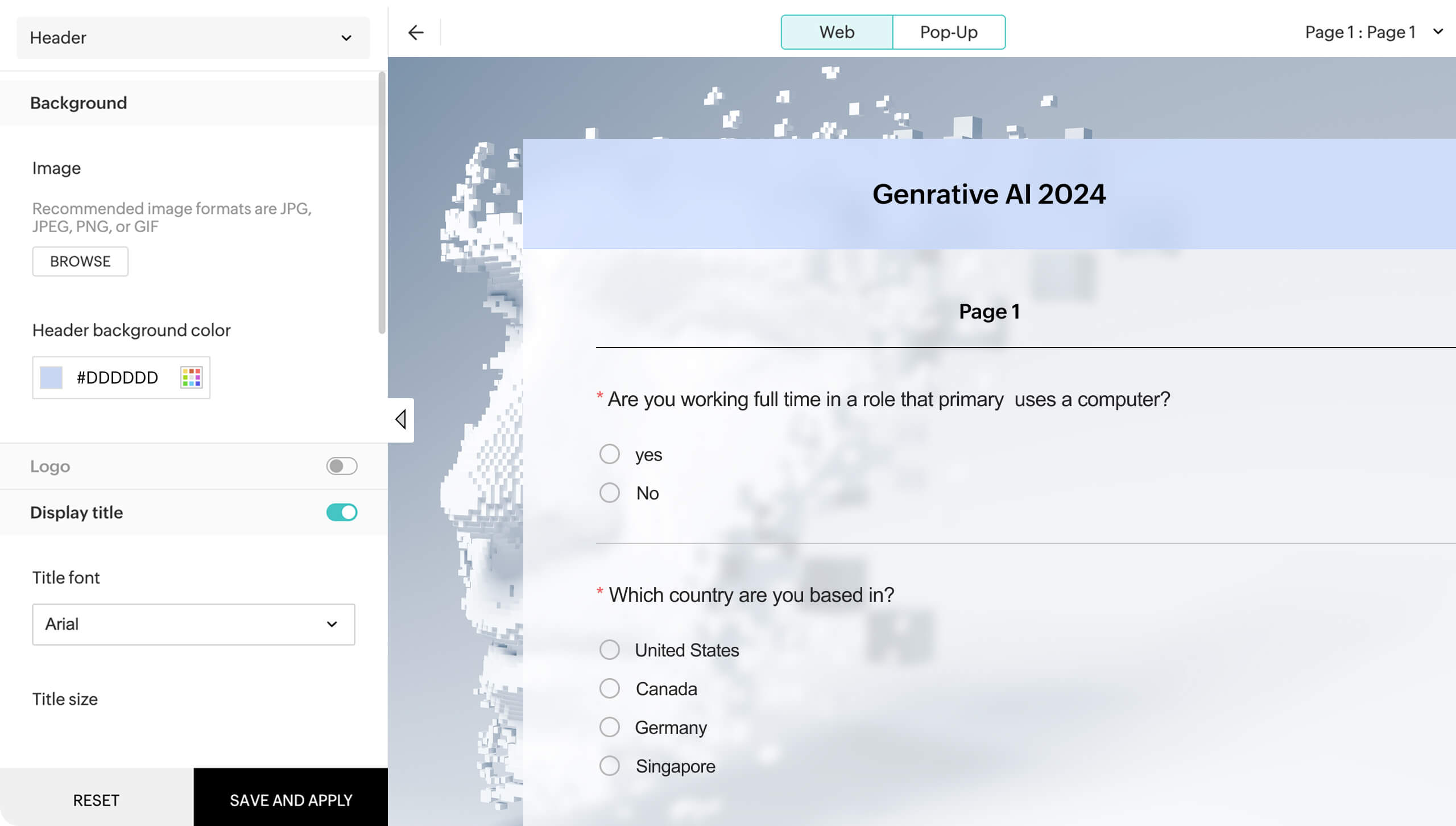 Zoho Survey theme customization screen showing header settings, background image, font options, and a preview of the survey