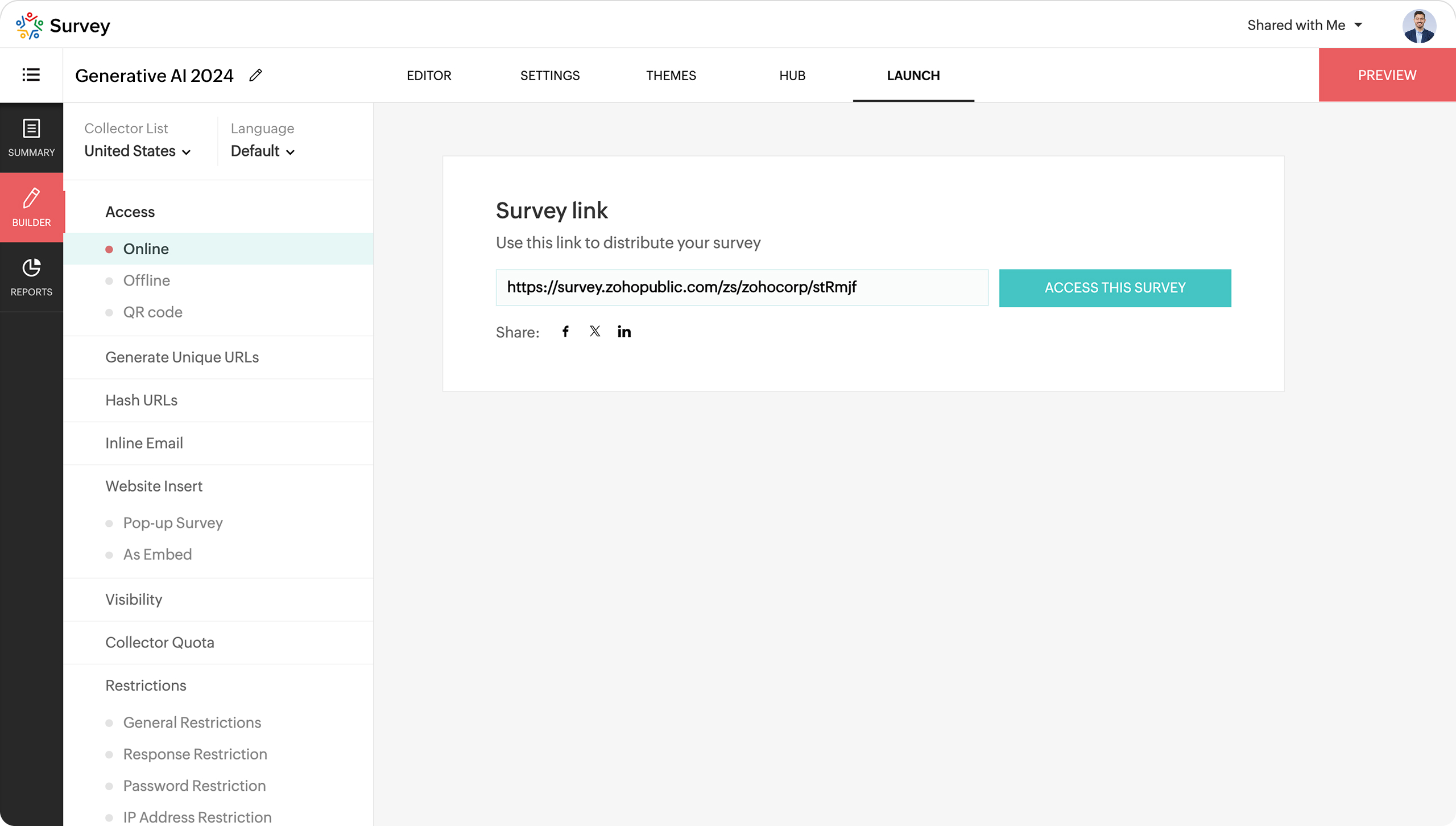 Zoho Survey launch screen showing a generated public survey link with sharing options for Facebook, X, and LinkedIn, and an Access This Survey button