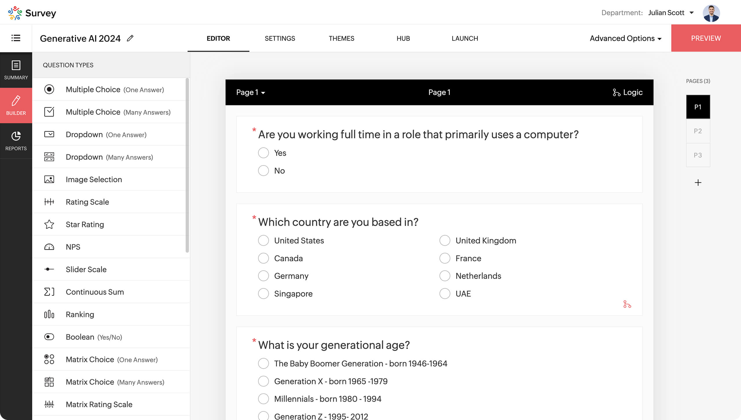 Survey builder interface showing a draft survey titled Generative AI 2024 with multiple choice questions and various question types listed on the left panel.