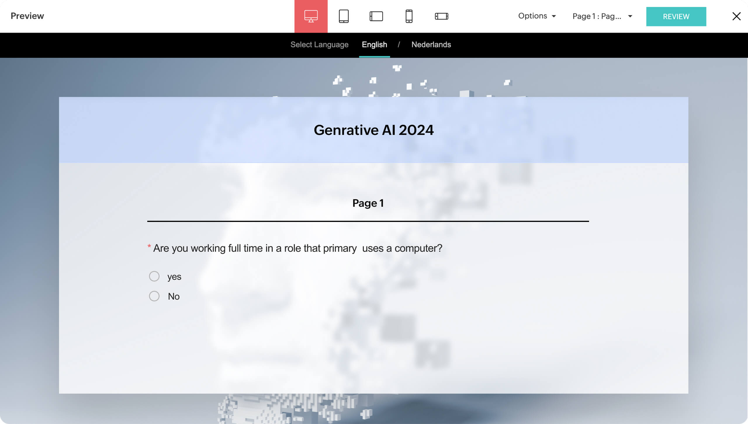 Preview screen of a Survey with language selection and review options at the top