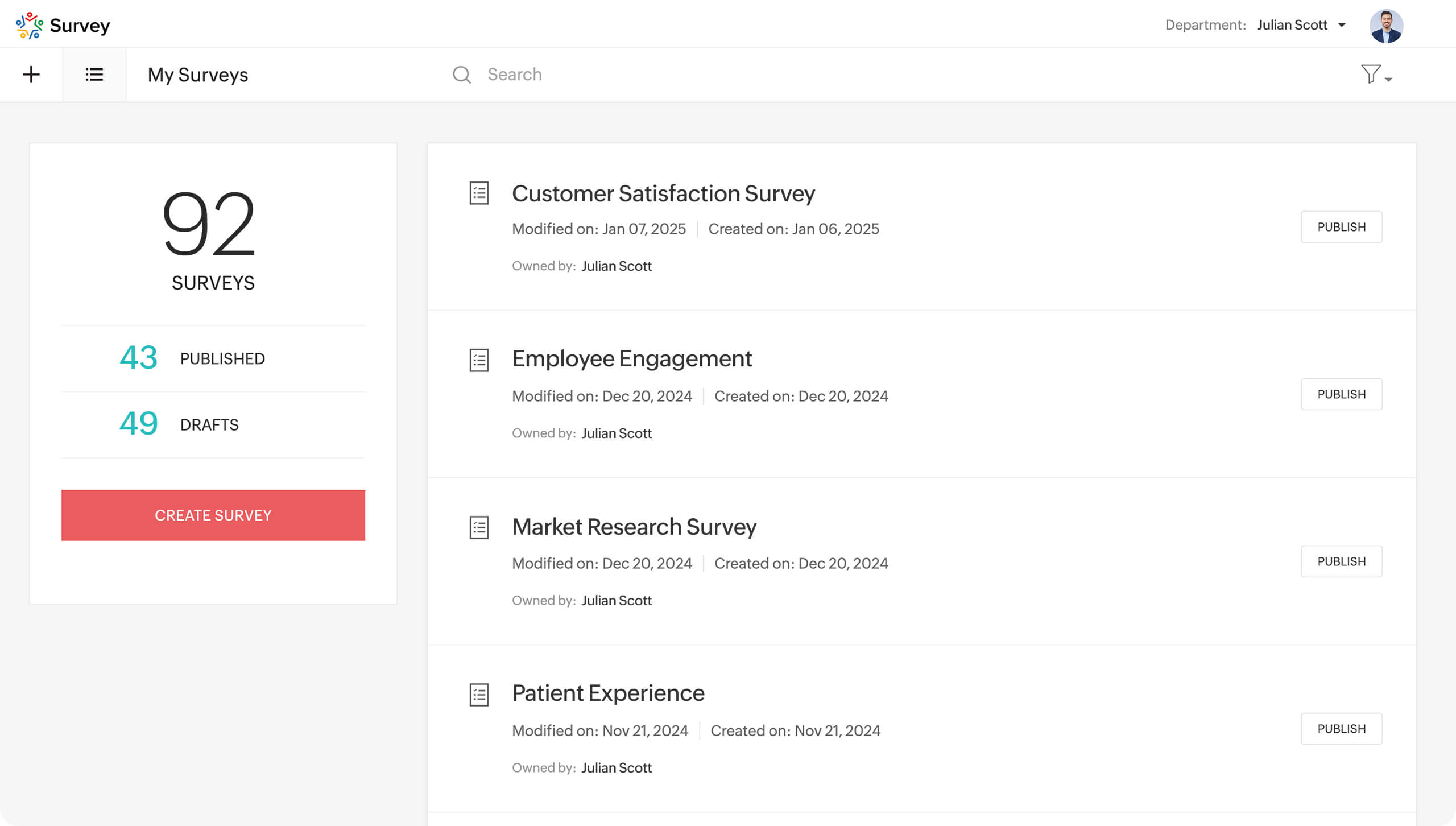 Zoho Survey dashboard showing a list of saved surveys with publish options.