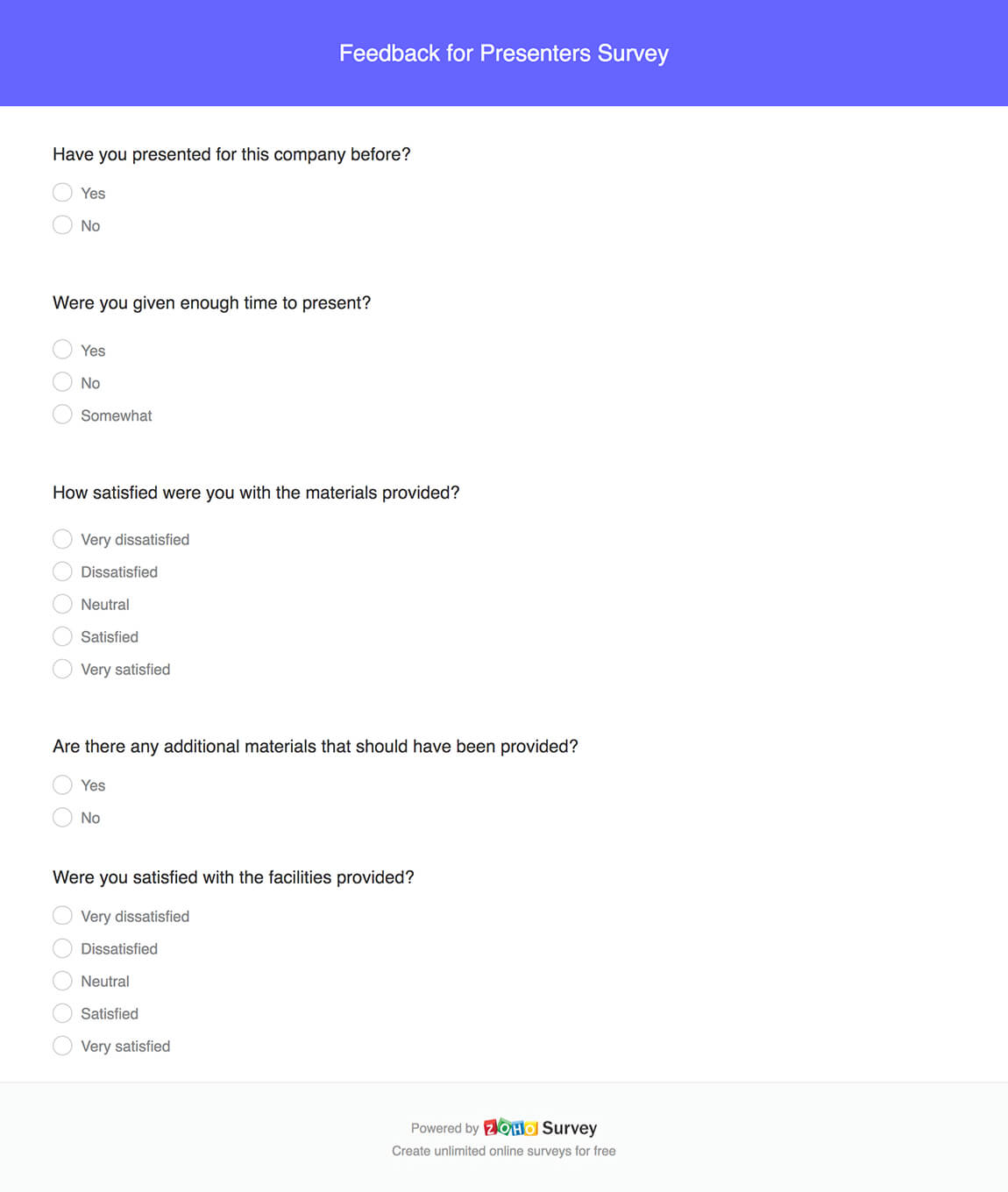 Feedback for presenters survey questionnaire template