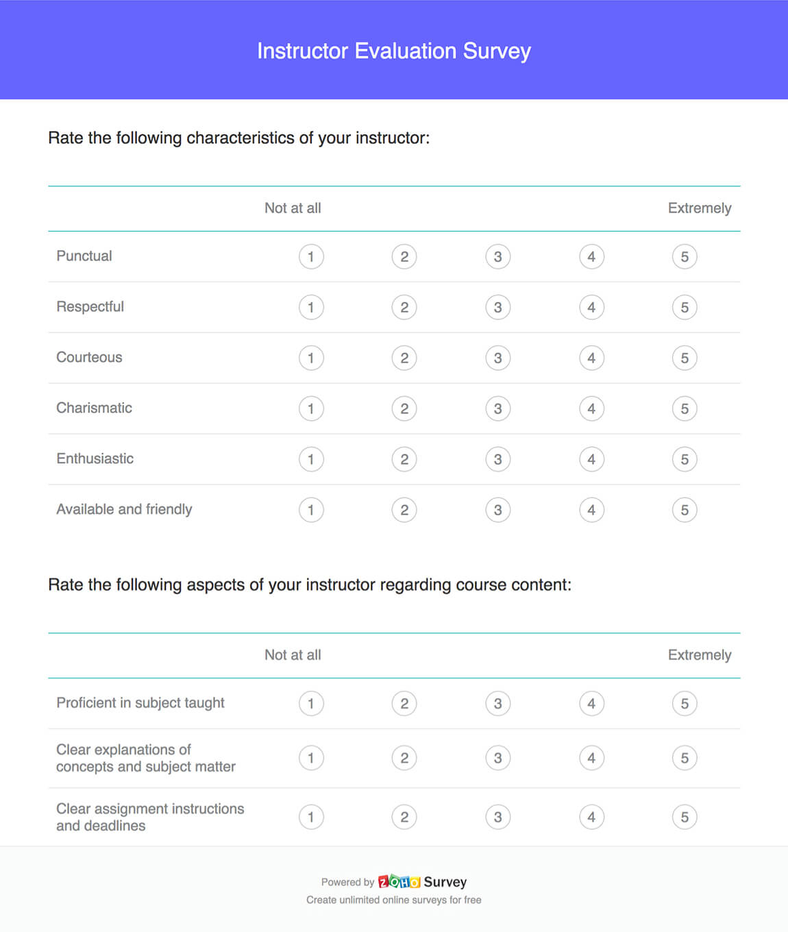Instructor evaluation survey questionnaire template
