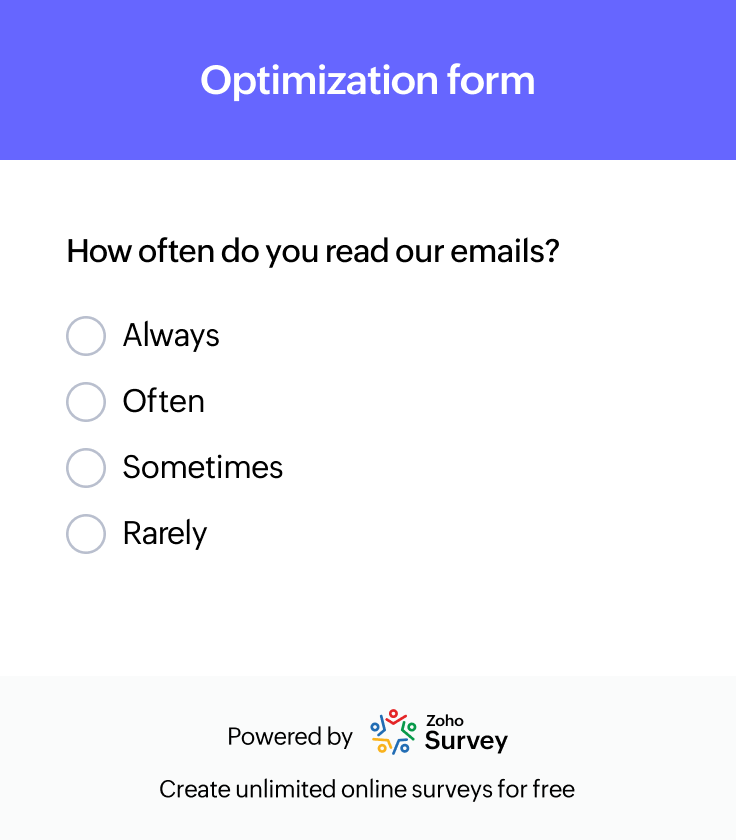 Mailing list engagement & optimization form Our mailing list optimization survey template helps you decode what your audience craves—from content types to perfect send times. Reduce unsubscribes, boost open rates, and transform passive readers into brand