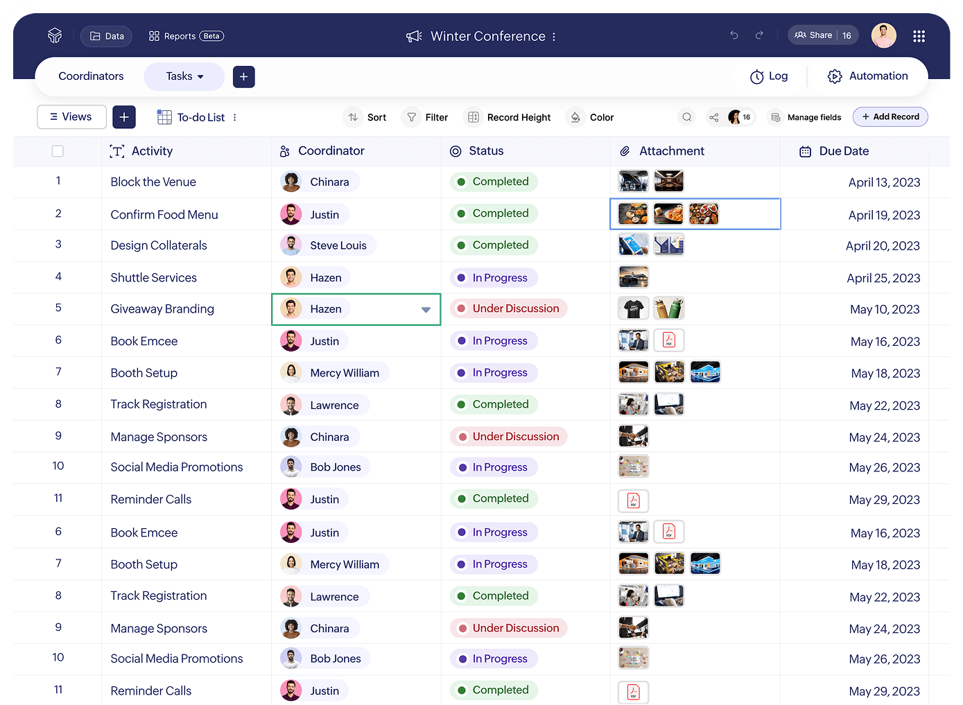 Zoho Tables app interface showing a data table with multiple columns and records