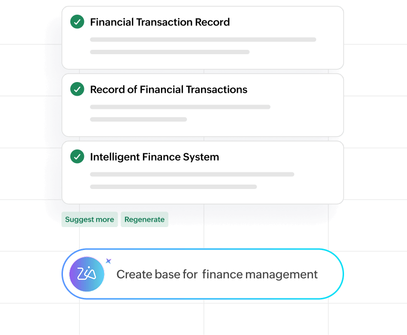 Zia AI creating a finance management base in Zoho Tables