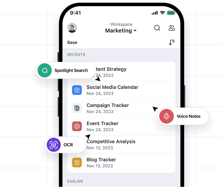 Zoho Tables mobile app displaying tables on a smartphone