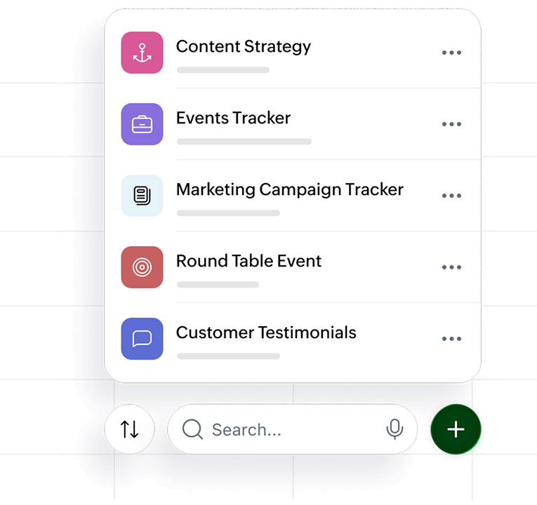 Multiple view types — Grid, Kanban, and Calendar — in Zoho Tables