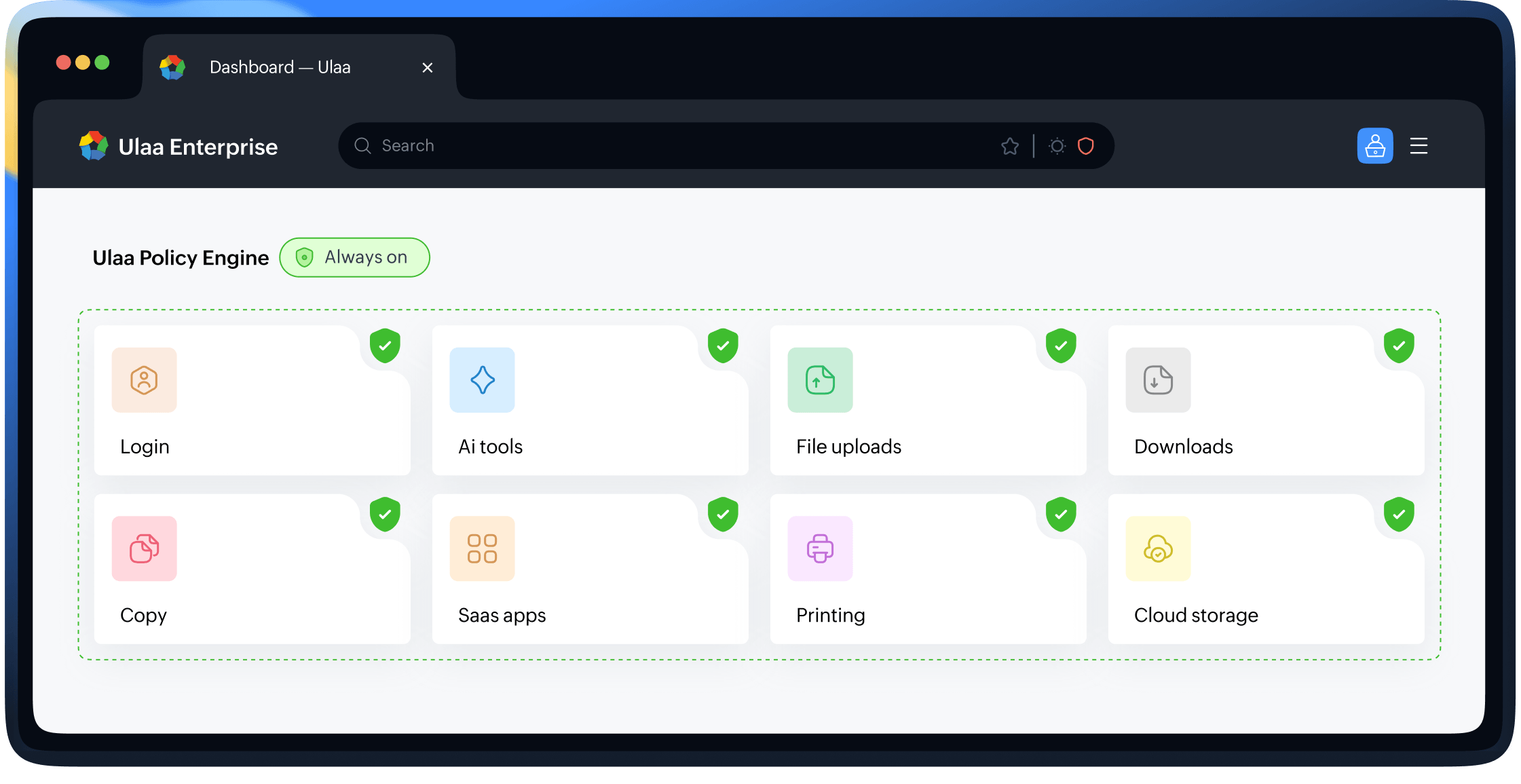 Ulaa Enterprise browser showing allowed and blocked actions side by side
