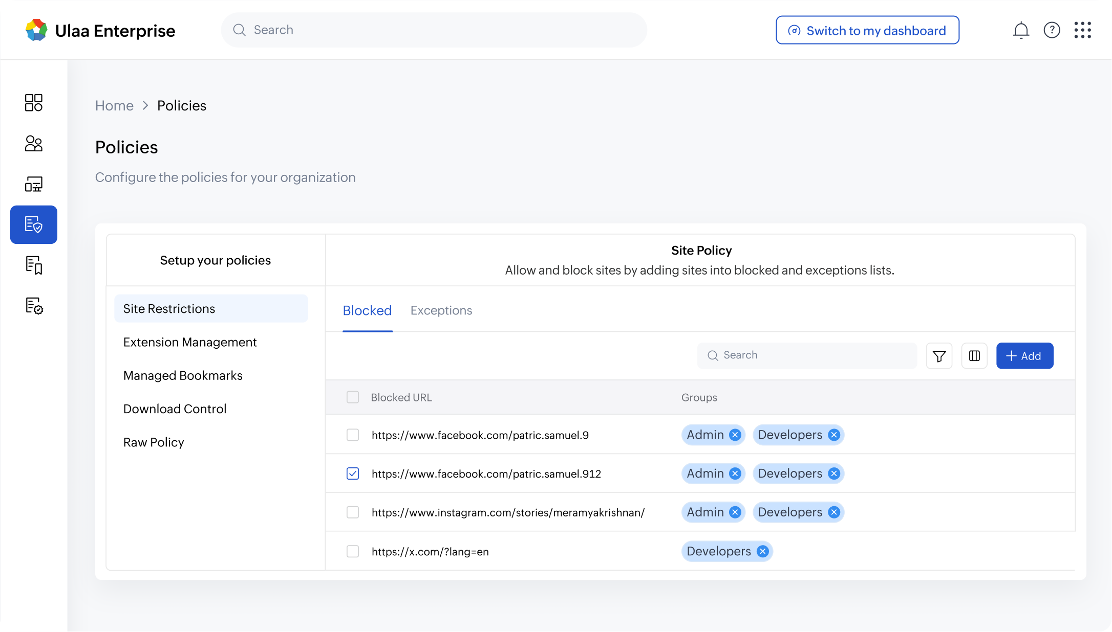 Ulaa Enterprise policies screen showing blocked sites and assigned groups