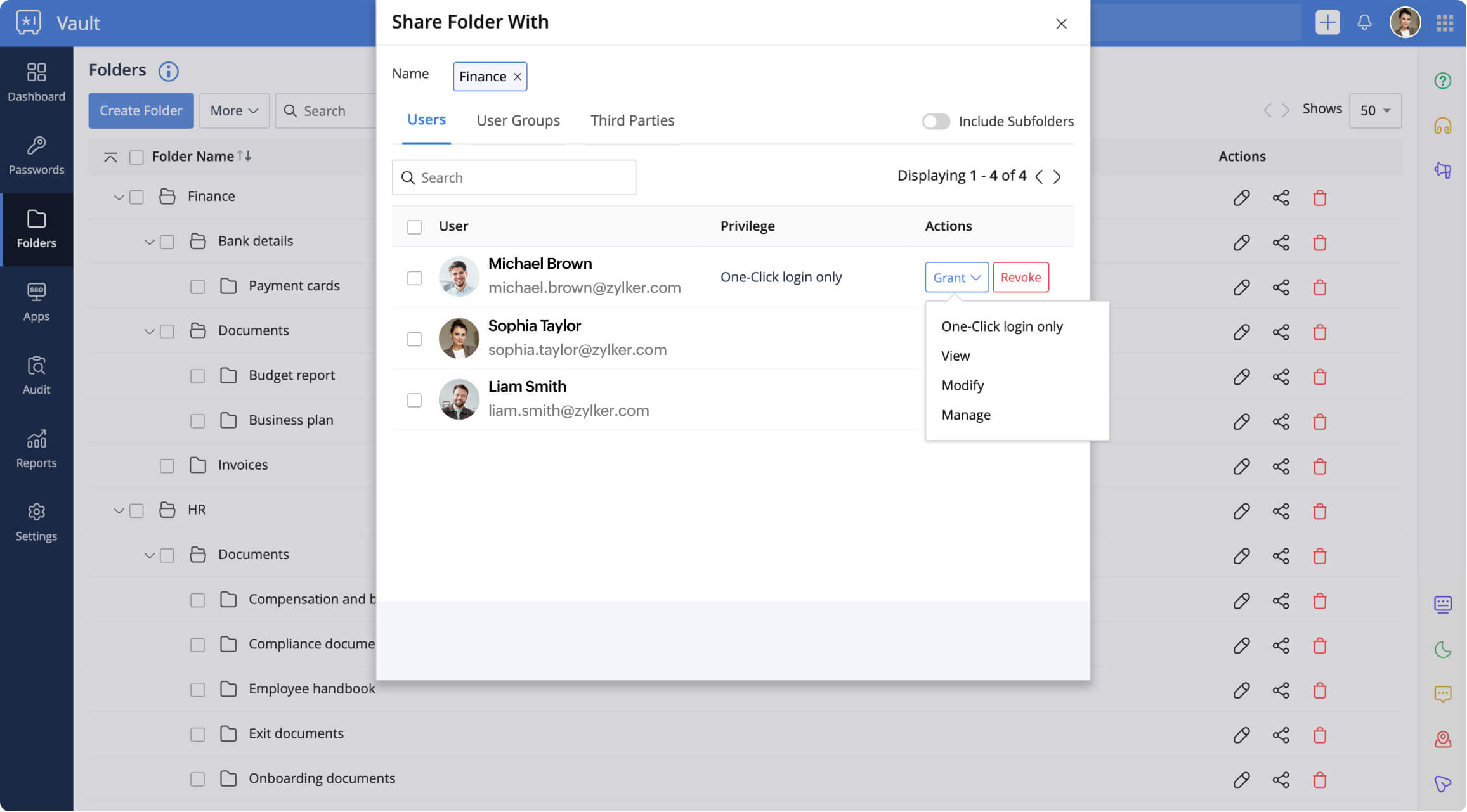 Set customized access levels for each group within Zoho Vault for secure, role-based sharing.