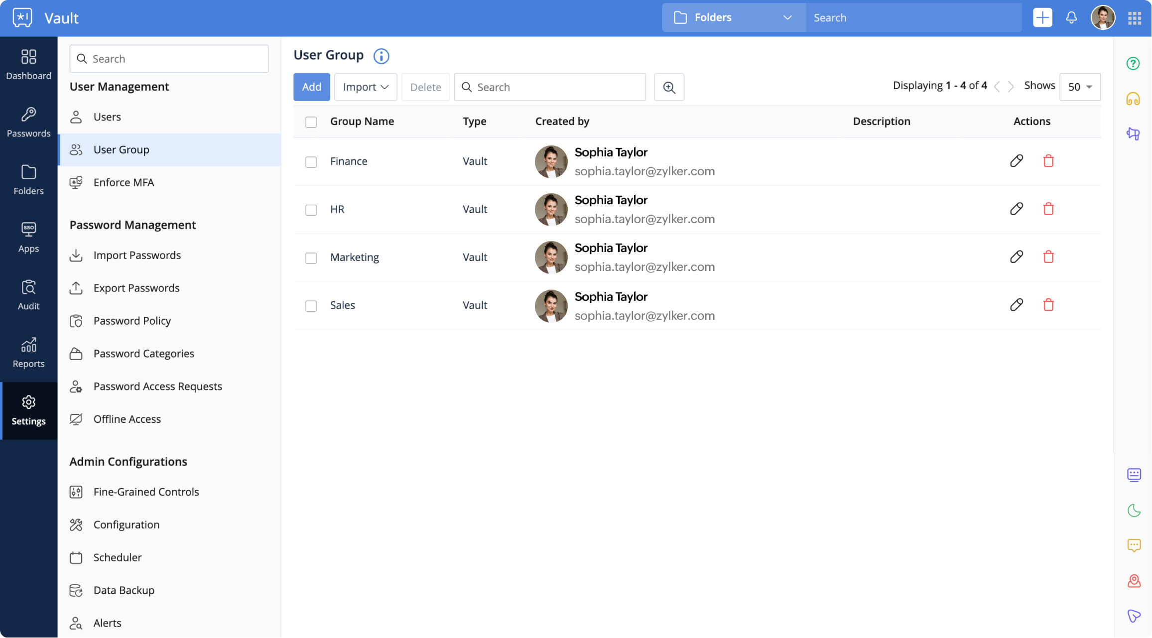 Create user groups in Zoho Vault that align with your company structure.