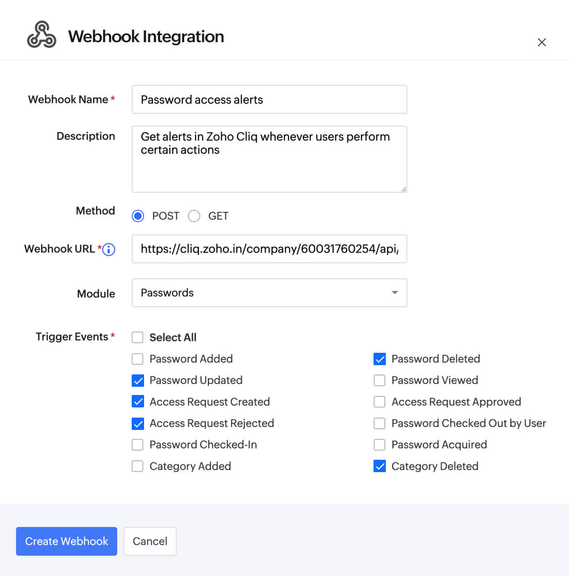 Set up custom workflows using Zoho Vault webhooks to send critical notifications straight to your Zoho Cliq channel, or any other communication platform.